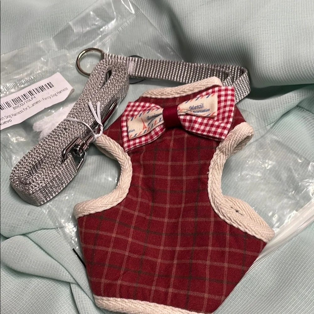 Stylish Red Plaid Dog Harness with Bow Tie